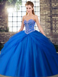 Spectacular Blue 15 Quinceanera Dress Military Ball and Sweet 16 and Quinceanera with Beading and Pick Ups Sweetheart Sleeveless Brush Train Lace Up