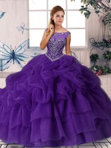 Purple Ball Gowns Organza Scoop Sleeveless Beading and Pick Ups Zipper Quinceanera Dresses Brush Train