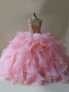 Charming Ball Gowns Sleeveless Baby Pink Quinceanera Dress Brush Train Backless