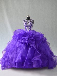 Purple Organza Lace Up Scoop Sleeveless Floor Length 15th Birthday Dress Beading and Ruffles
