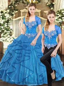 Enchanting Blue Two Pieces Tulle Sweetheart Sleeveless Beading and Ruffles Floor Length Lace Up Quinceanera Gown