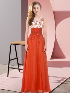 Floor Length Backless Quinceanera Court of Honor Dress Rust Red for Wedding Party with Appliques