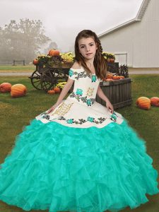 Excellent Turquoise Lace Up Straps Long Sleeves Floor Length Little Girl Pageant Gowns Embroidery and Ruffles
