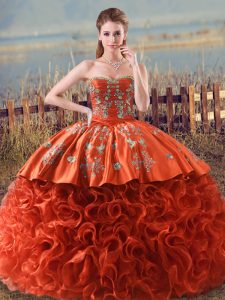 Romantic Orange Red Fabric With Rolling Flowers Lace Up Sweetheart Sleeveless Floor Length Quinceanera Gowns Brush Train Embroidery and Ruffles