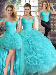 Shining Off The Shoulder Sleeveless Lace Up 15 Quinceanera Dress Aqua Blue Fabric With Rolling Flowers