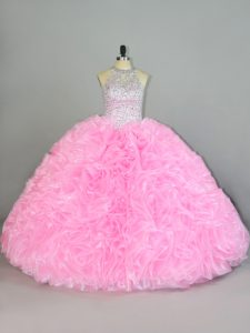 Floor Length Baby Pink Sweet 16 Dress Organza Sleeveless Beading and Ruffles