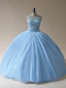 Fabulous Ball Gowns Quinceanera Gowns Light Blue Scoop Tulle Sleeveless Floor Length Lace Up