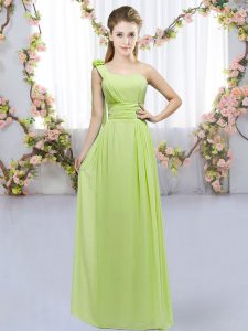 Classical Yellow Green Empire One Shoulder Sleeveless Chiffon Floor Length Lace Up Hand Made Flower Damas Dress