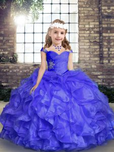 Hot Sale Blue Lace Up Little Girls Pageant Gowns Beading and Ruffles Sleeveless Floor Length