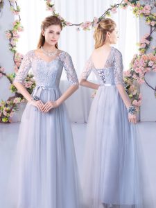 Grey Tulle Lace Up V-neck Half Sleeves Floor Length Court Dresses for Sweet 16 Lace