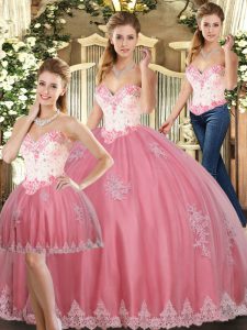 Watermelon Red Tulle Lace Up Sweet 16 Quinceanera Dress Sleeveless Floor Length Beading and Appliques