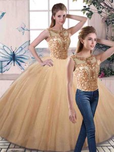 Sweet Gold Tulle Lace Up Sweet 16 Dress Sleeveless Floor Length Beading