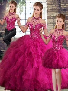 Cute Halter Top Sleeveless Lace Up 15th Birthday Dress Fuchsia Tulle