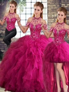 Fuchsia Tulle Lace Up Halter Top Sleeveless Floor Length Sweet 16 Dress Beading and Ruffles