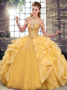 Deluxe Gold Sleeveless Floor Length Beading and Ruffles Lace Up Quince Ball Gowns