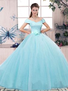 Aqua Blue Ball Gowns Off The Shoulder Short Sleeves Tulle Floor Length Lace Up Lace and Hand Made Flower Ball Gown Prom Dress