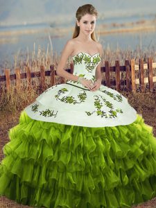 Modern Olive Green Organza Lace Up Quinceanera Gowns Sleeveless Floor Length Embroidery and Ruffled Layers and Bowknot