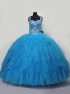 Luxury Floor Length Blue Sweet 16 Quinceanera Dress Tulle Sleeveless Beading and Ruffles