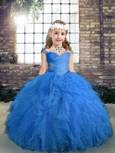 Straps Sleeveless Pageant Dress for Teens Floor Length Beading and Ruffles Blue Tulle