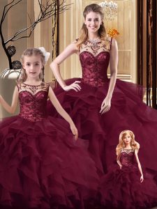 Extravagant Burgundy Tulle Lace Up Scoop Sleeveless Quince Ball Gowns Brush Train Beading and Ruffles