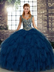 Best Sleeveless Organza Floor Length Lace Up Sweet 16 Quinceanera Dress in Blue with Beading and Ruffles