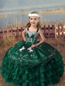Superior Ball Gowns Pageant Dress for Womens Dark Green Straps Organza Sleeveless Floor Length Lace Up