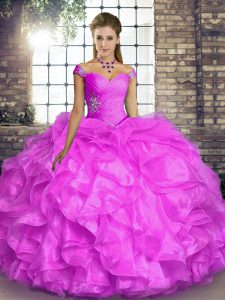 On Sale Floor Length Lilac Quinceanera Dresses Organza Sleeveless Beading and Ruffles