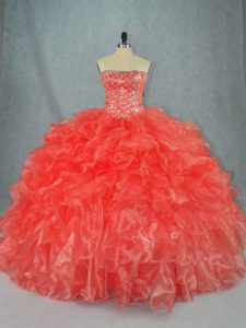 Eye-catching Red Ball Gowns Organza Strapless Sleeveless Beading and Ruffles Floor Length Lace Up Sweet 16 Quinceanera Dress