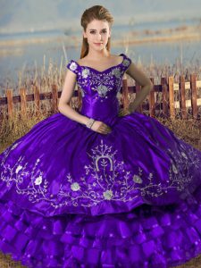 Purple Off The Shoulder Neckline Embroidery and Ruffled Layers Sweet 16 Quinceanera Dress Sleeveless Lace Up