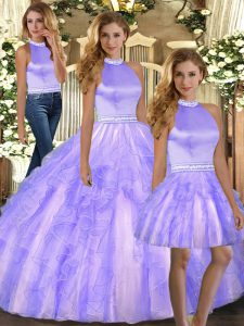 Stunning Tulle Halter Top Sleeveless Backless Beading and Ruffles Quinceanera Dress in Lavender
