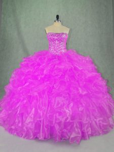 Most Popular Floor Length Lilac Quinceanera Dress Organza Sleeveless Beading and Ruffles
