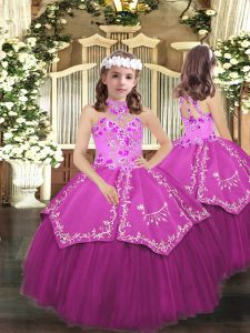 Lilac Ball Gowns Tulle Halter Top Sleeveless Embroidery Floor Length Lace Up Kids Pageant Dress