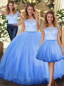 Floor Length Blue Vestidos de Quinceanera Tulle Sleeveless Lace