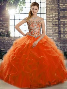 Tulle Off The Shoulder Sleeveless Brush Train Lace Up Beading and Ruffles Sweet 16 Quinceanera Dress in Orange Red
