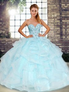 Great Light Blue Sleeveless Floor Length Beading and Ruffles Lace Up Party Dress