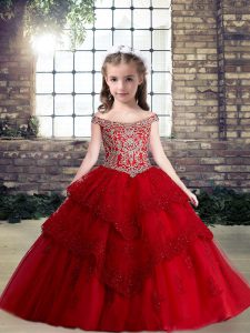 Red Little Girls Pageant Dress Party and Military Ball and Wedding Party with Lace and Appliques Off The Shoulder Sleeveless Lace Up