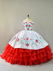 White And Red Ball Gowns Off The Shoulder Sleeveless Organza Court Train Lace Up Embroidery and Ruffled Layers Ball Gown Prom Dress