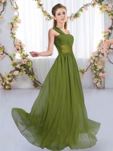 Top Selling Olive Green Empire Chiffon One Shoulder Sleeveless Ruching Floor Length Lace Up Dama Dress for Quinceanera