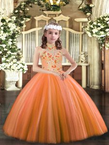 Orange Tulle Lace Up Glitz Pageant Dress Sleeveless Floor Length Appliques