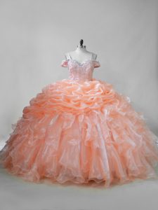 High End Organza Straps Sleeveless Brush Train Lace Up Beading and Ruffles and Pick Ups Juniors Party Dress in Orange