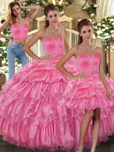 Rose Pink Lace Up Sweetheart Ruffled Layers and Pick Ups Quinceanera Dress Organza Sleeveless