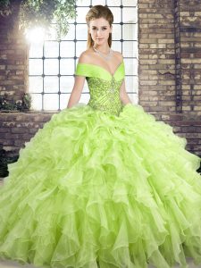 Super Yellow Green Lace Up Off The Shoulder Beading and Ruffles Quince Ball Gowns Organza Sleeveless Brush Train