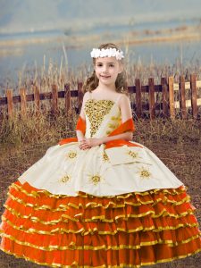Fashionable Orange Red Straps Neckline Beading and Embroidery and Ruffled Layers Winning Pageant Gowns Sleeveless Lace Up