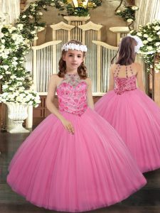 Trendy Rose Pink Ball Gowns Tulle Halter Top Sleeveless Beading Floor Length Lace Up Girls Pageant Dresses