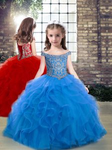 Hot Sale Blue Tulle Lace Up Off The Shoulder Sleeveless Floor Length Kids Formal Wear Beading and Ruffles