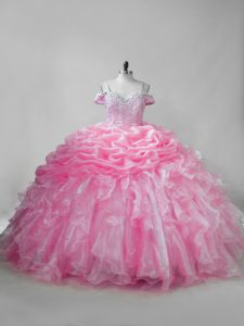 Deluxe Pink Ball Gowns Beading and Ruffles and Pick Ups 15 Quinceanera Dress Lace Up Organza Sleeveless