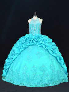 Aqua Blue Lace Up Halter Top Beading and Appliques and Embroidery and Pick Ups Quince Ball Gowns Taffeta Sleeveless