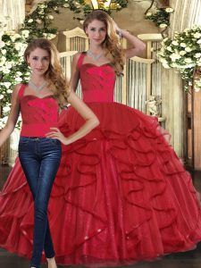 Fabulous Floor Length Red Party Dress Wholesale Tulle Sleeveless Ruffles