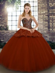 Exceptional Rust Red Ball Gowns Tulle Sweetheart Sleeveless Beading and Appliques Floor Length Lace Up 15 Quinceanera Dress