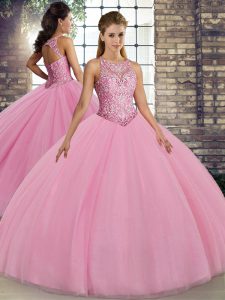 Embroidery 15 Quinceanera Dress Pink Lace Up Sleeveless Floor Length